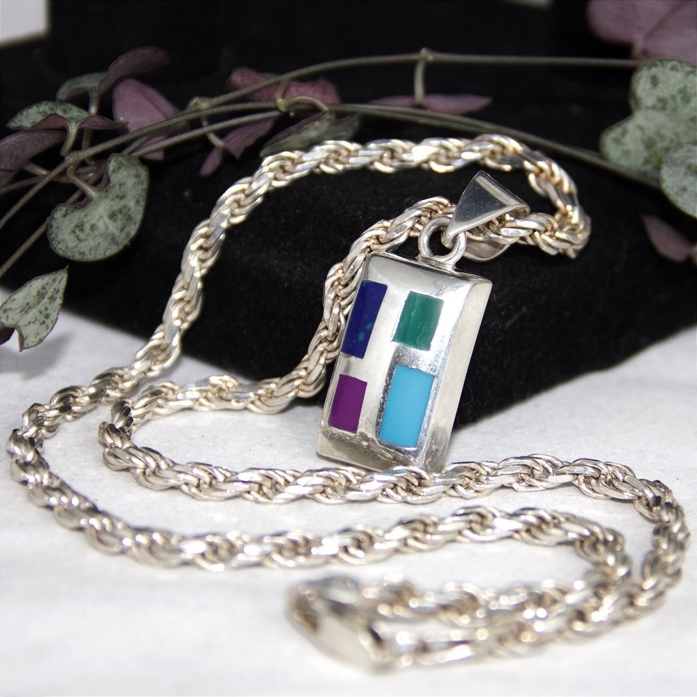 VTG HEAVY Sterling Silver Thailand Inlay Gemstone Rope Chain Necklace 45g 22"